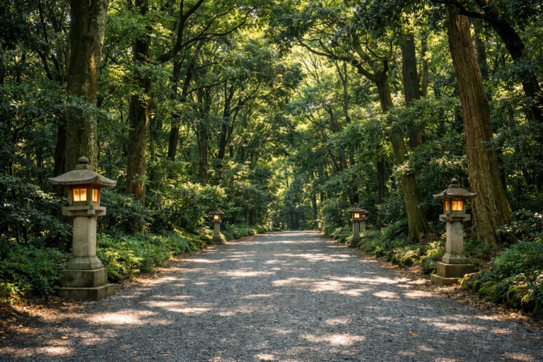 A caminhada até o edifício principal do santuário já é, por si só, uma experiência espiritual. O caminho de cascalho, ladeado por árvores altas e silenciosas, prepara o visitante para um estado de contemplação. Ao longo do trajeto, é comum encontrar barris de saquê e vinho doados por produtores japoneses e estrangeiros, simbolizando tanto a tradição quanto a abertura cultural promovida durante a era Meiji.
