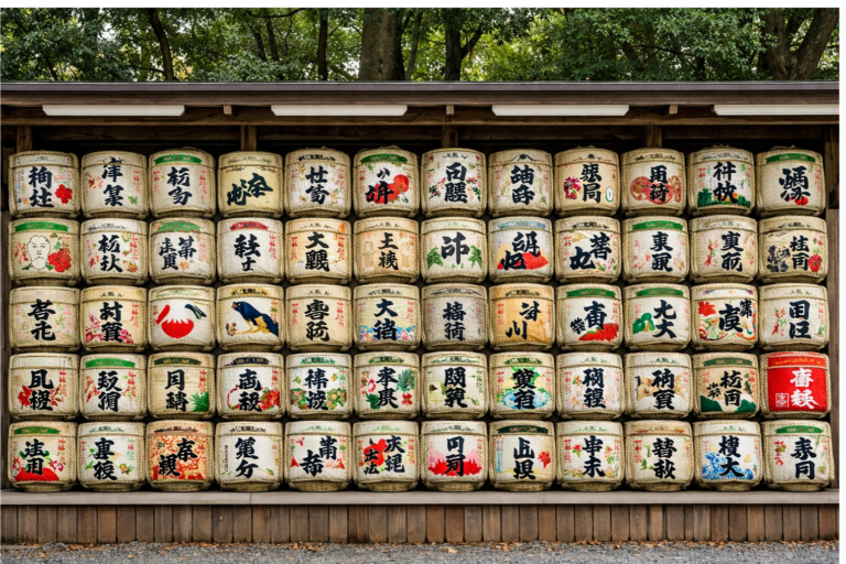 Ao longo do trajeto, é comum encontrar barris de saquê e vinho doados por produtores japoneses e estrangeiros, simbolizando tanto a tradição quanto a abertura cultural promovida durante a era Meiji.