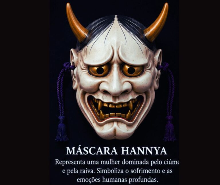 Máscara Hannya A máscara Hannya é uma das mais impressionantes do Japão. Ela representa uma mulher consumida pelo ciúme e pela raiva, que acaba se transformando em demônio. Essa máscara possui olhos metálicos, boca assustadora e chifres pontudos.