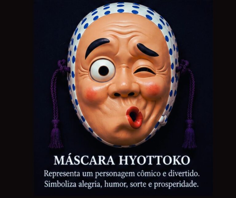 Máscara Hyottoko A máscara Hyottoko tem aparência engraçada e divertida. Ela mostra um homem com a boca torta e expressão cômica. Essa máscara é muito usada em danças folclóricas japonesas e festivais populares.