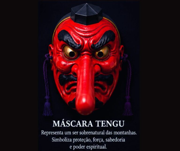 A máscara Tengu possui um rosto vermelho e um nariz extremamente longo. O Tengu é um ser sobrenatural das montanhas e florestas japonesas. Antigamente, ele era representado mais parecido com um pássaro, mas ao longo dos séculos ganhou aparência mais humana