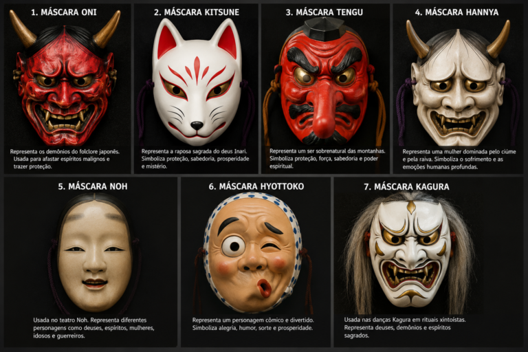 As máscaras tradicionais japonesas fazem parte da cultura do Japão há muitos séculos. Elas são usadas em festivais religiosos, peças de teatro, cerimônias xintoístas e até como objetos de decoração e proteção espiritual. No Japão, cada máscara possui um significado profundo, ligado à espiritualidade, às lendas antigas e aos sentimentos humanos.